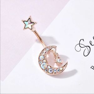 New Moon & Star Iridescent Belly Button Ring Gold Tone
